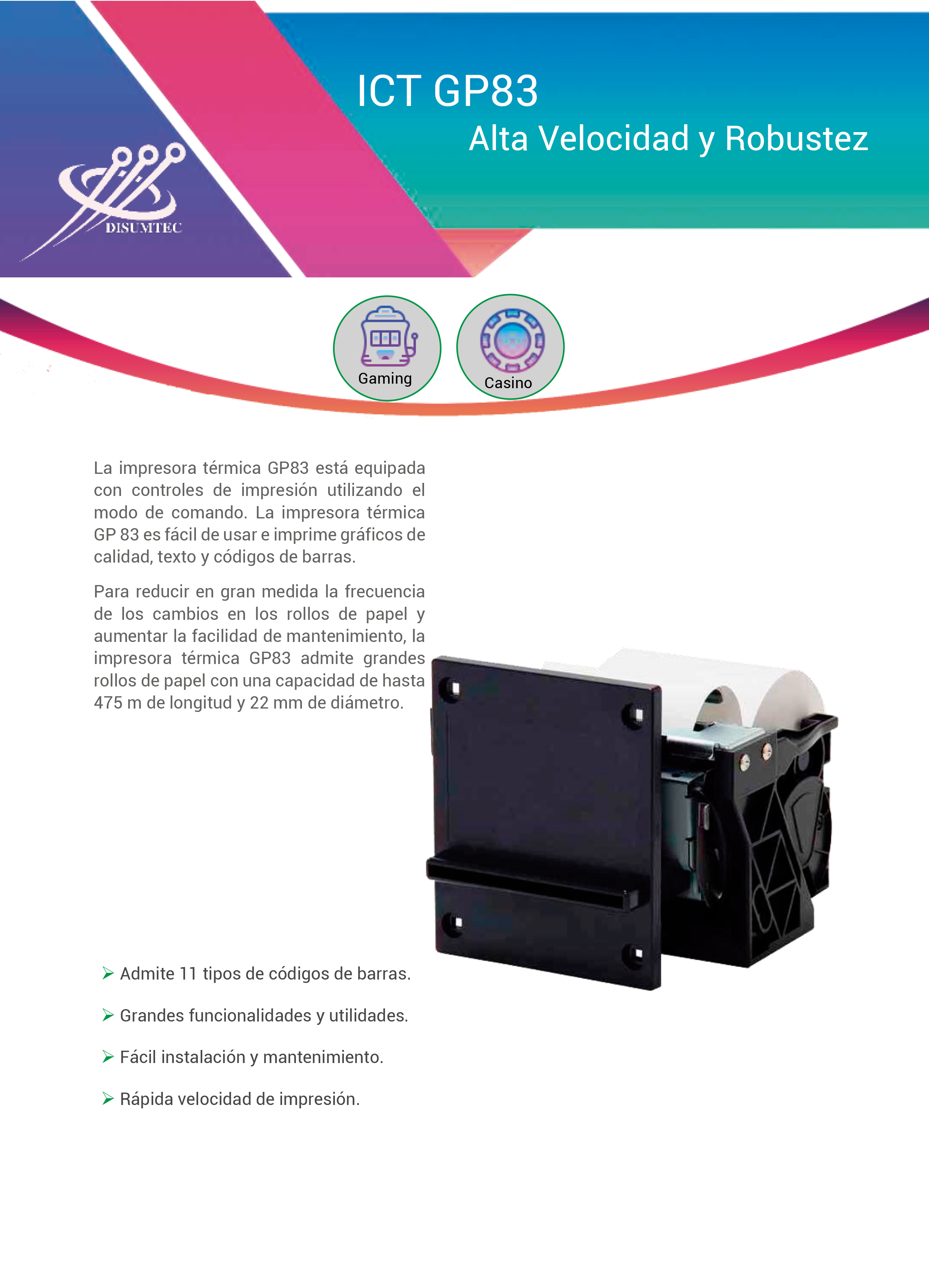 Ficha Impresora GP83 de ICT distribuida por DISUMTEC